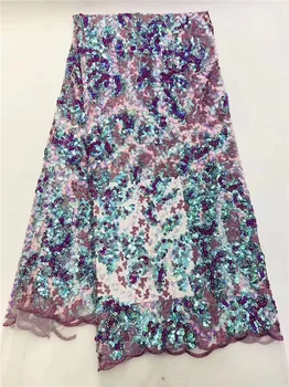 

High class French net lace fabric evening tulle cloth with sequins for dress PAN180(5yards/lot) multi color