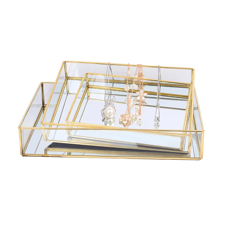 Nordic Retro Storage Tray Gold Rectangle Glass Makeup Organizer Tray Dessert Plate Jewelry Display Home Kitchen Decor 3