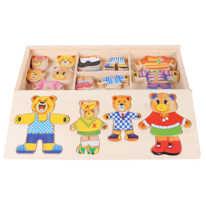 Little Bear Change Toys Children's Early Education Wooden Puzzle Dressing Game Model Toys Games and Puzzles Free Shipping