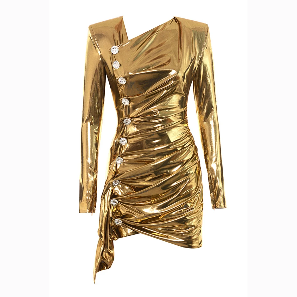 Новое женское сексуальное модное Золотое ДРАПИРОВАННОЕ мини-платье с длинными рукавами и пуговицами, облегающее Клубное вечернее платье vestidos - Цвет: Золотой