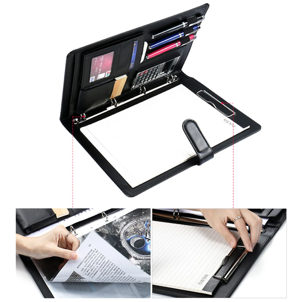 

PU Leather Notepad A4 File Organizer Portfolio Folder Document Bags Multi-function Card Holder Pen File Clip Calculator Memo