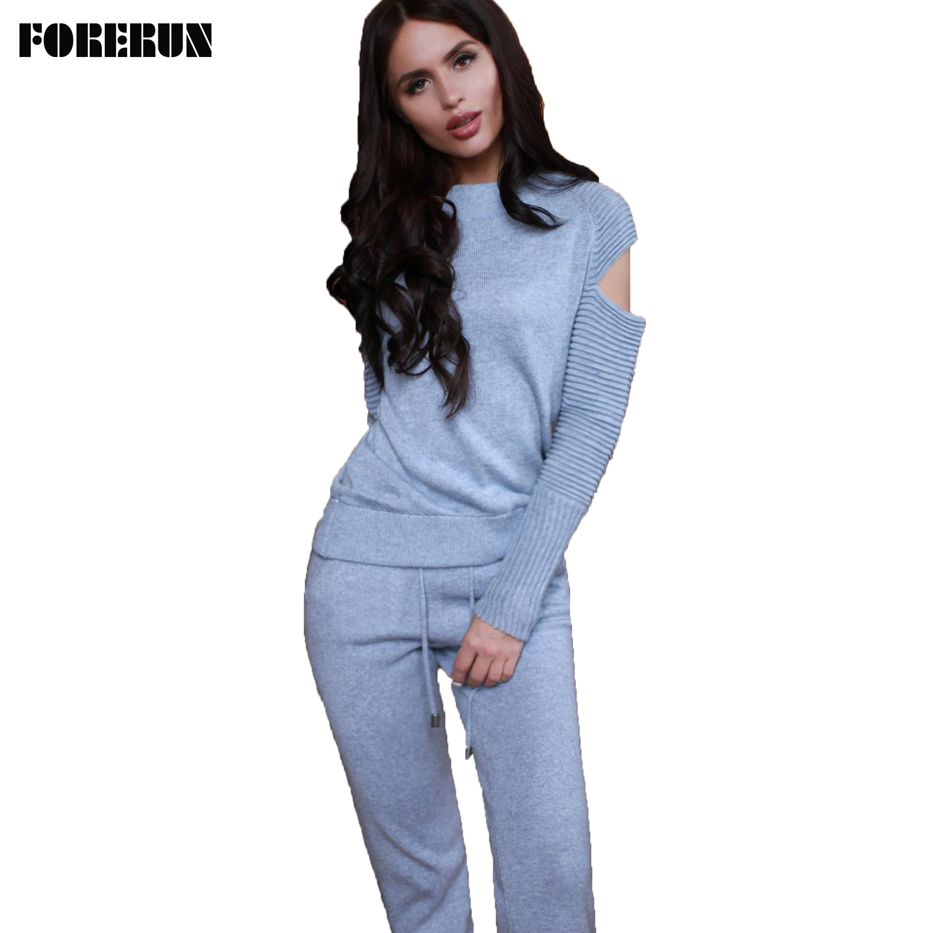 FORERUN Crochet Knitted Women Sweater and Knitted Pants Winter Suit Casual Costumn Solid O Neck Hollow Out Two Piece Set