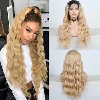 

Charisma Long Body Wave Ombre Blonde Wig Heat Resistant Synthetic Lace Front Wig with Black Roots for Women Cosplay Wigs
