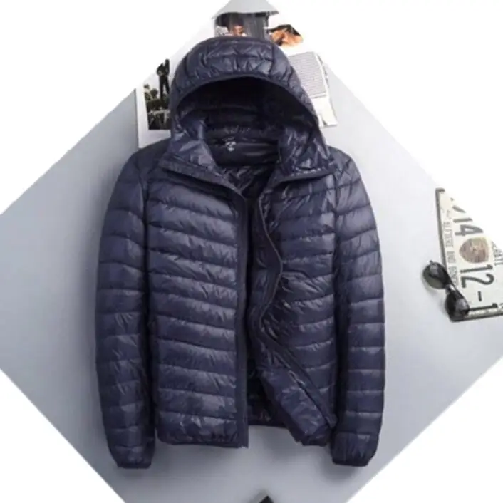 Navy blue hooded Ультра легкий пуховик для мужчин повседневное короткое зимнее пальто для мужчин с длинным рукавом теплая парка плюс размер куртка портативная одежда - Цвет: Navy blue hooded