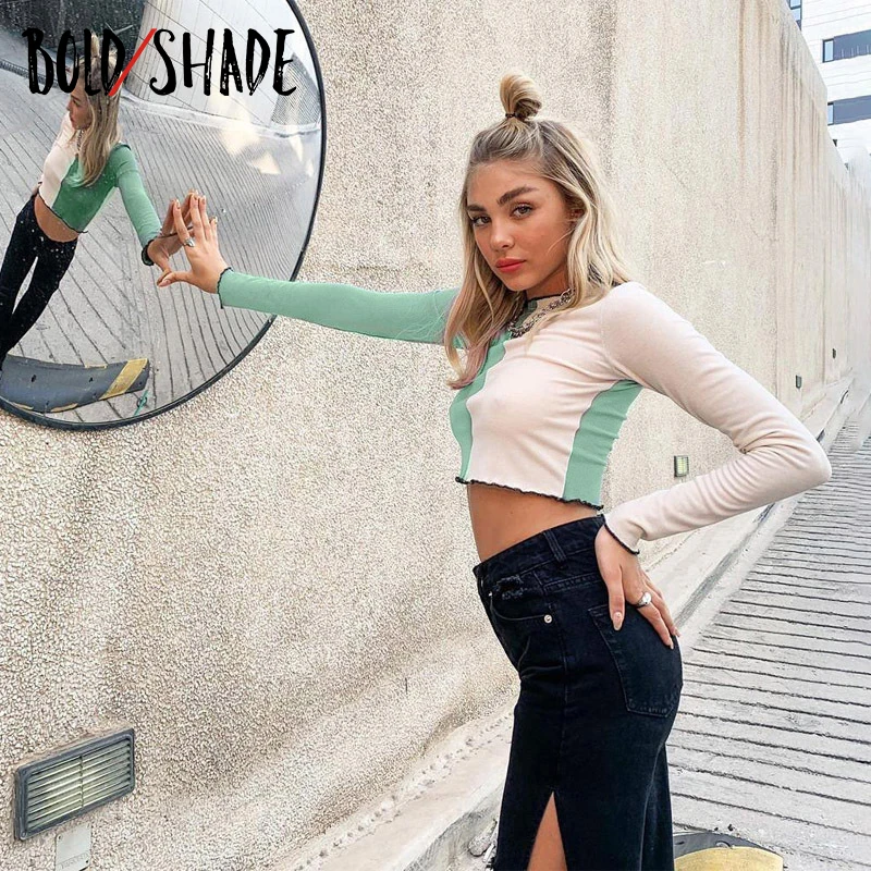 Bold Shade 90s Vintage Indie Aesthetic Crop Top Patchwork Long Sleeve Fashion Streetwear T Shirts Women Skinny Grunge Autumn Tee