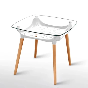 

Home dining table tempered glass table set on beech legs with underframe new design white kitchen table modern table size 80cm