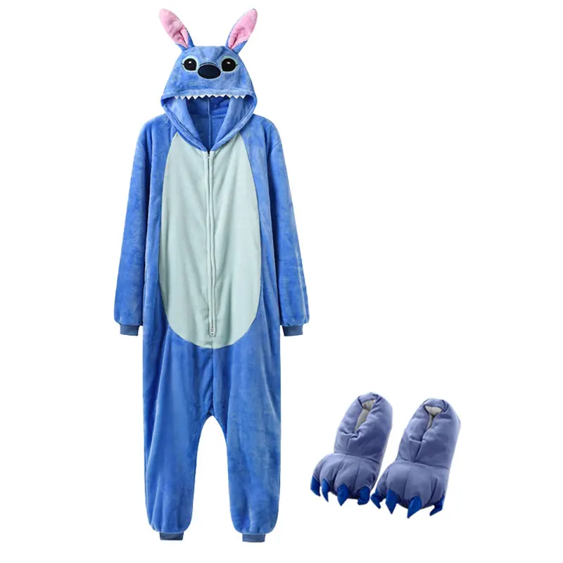 

Cartoon Kigurumis with Slippers Women Girl Cute Onesie Zipper Sleepwear Stitch Totoro Pig Pajama Christmas Festival Animal Suit