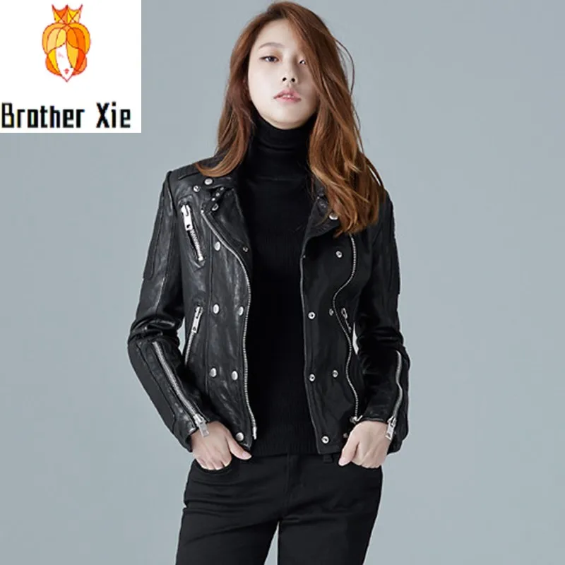 

Womens Spring Slim Genuine Leather Jacket European Short Sheepskin Rock Biker Jacket Coat Female Street Style Black Zip Outwear