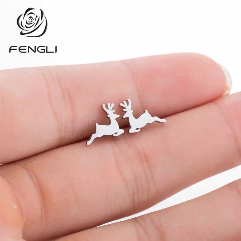 

FENGLI Cute Deer Stainless Steel Stud Earrings for Women Elk Animal Christmas Ethnic Female Earring Jewelry