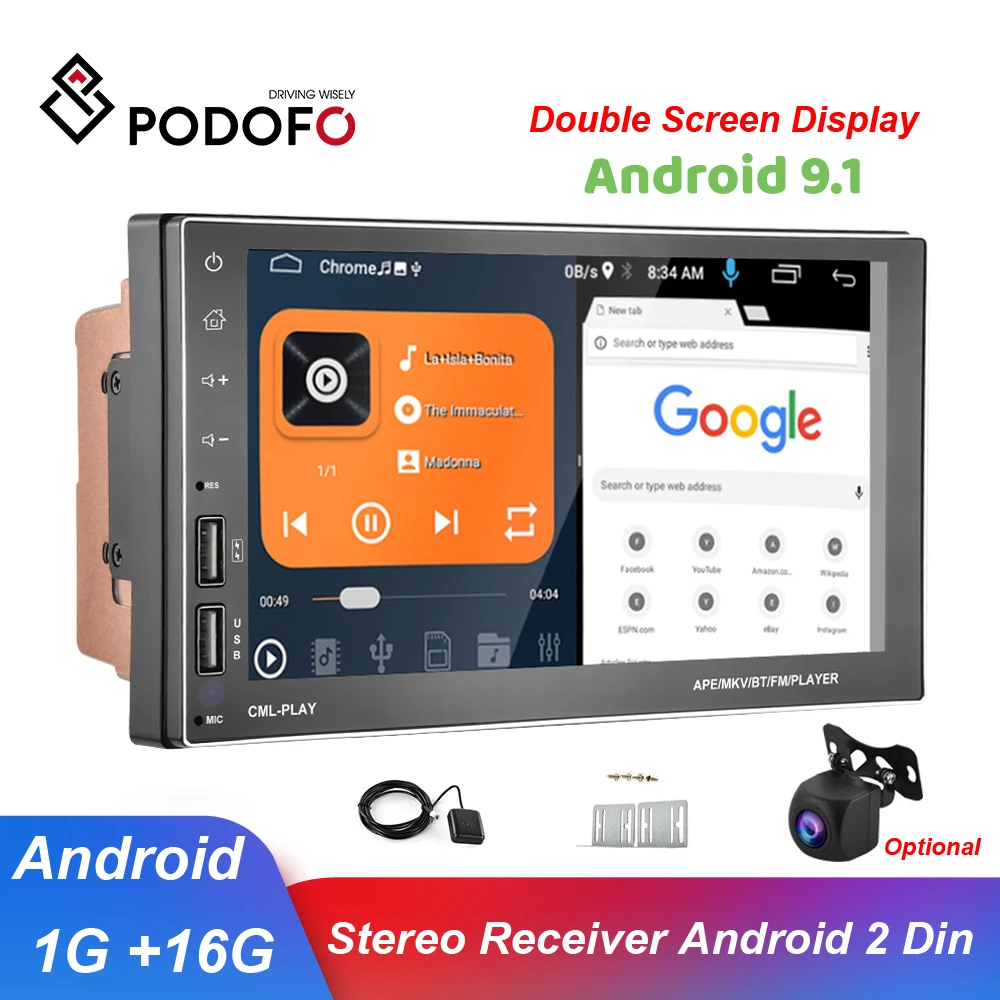 Podofo радио 2 Din Android 7 &quotдвойной Экран Дисплей стереофонический радиоприемник Зеркало Ссылка аудио MP5 плеер