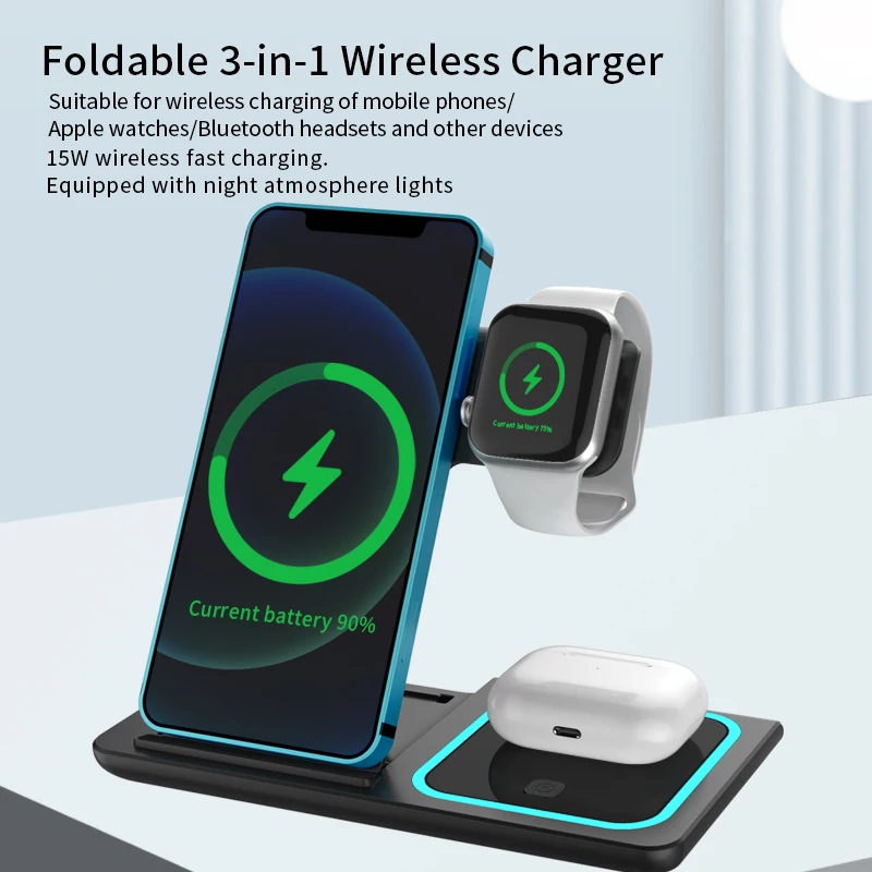 Беспроводное зарядное устройство 3 в 1 для Iphone 12 Android Samsung Apple Watch Airpods гарнитура Pro