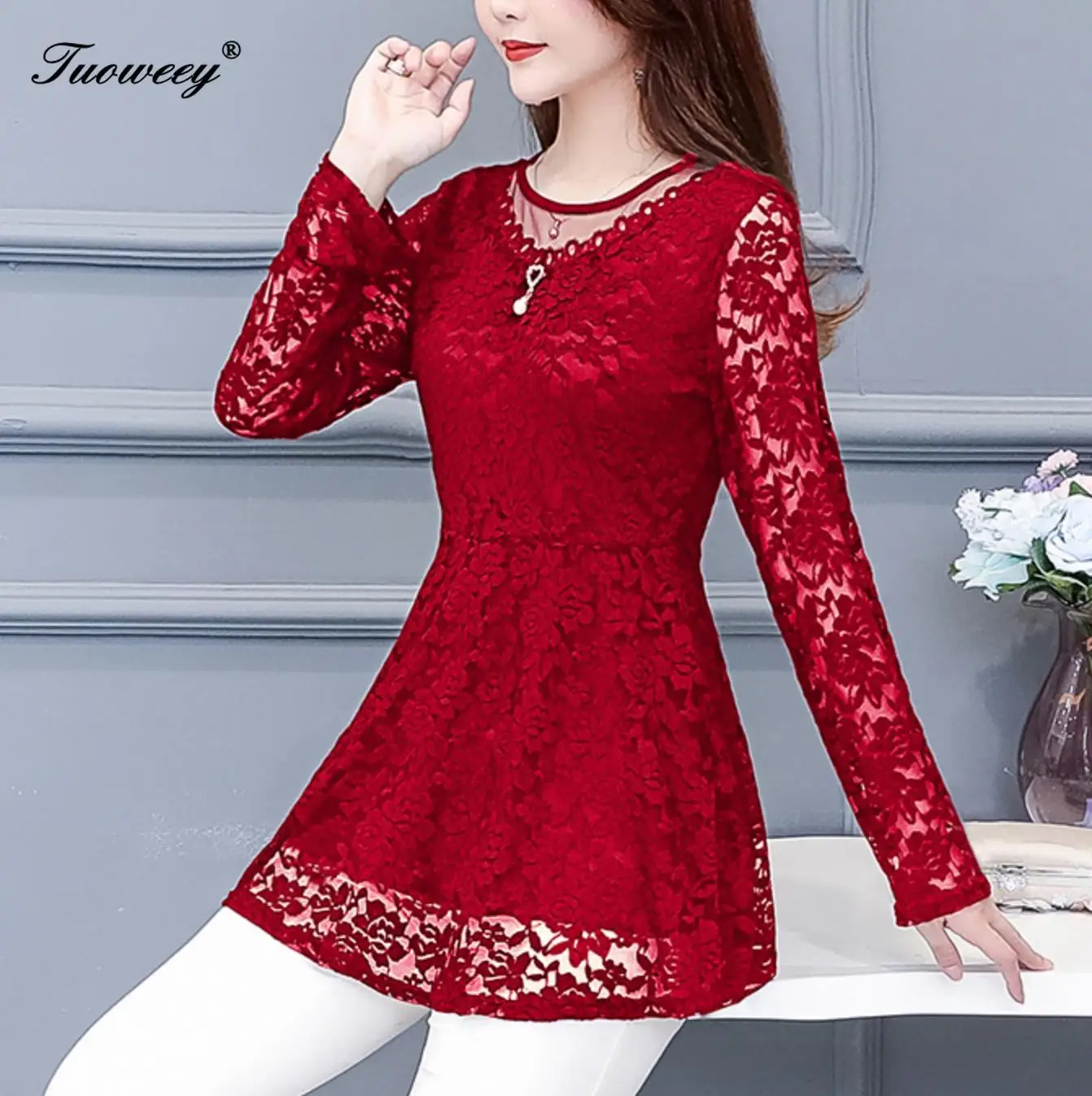 

Hollow Out lace Women Spring Autumn Style Lace Blouses Shirts Casual Long Sleeve solid Spliced o-neck Blusas Tops