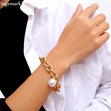 Ingemark Bohemian Imitation Pearl Pendant Bracelet Bangle Women Wedding Accessories Punk Heavy Thick Chain Bracelet Steampunk