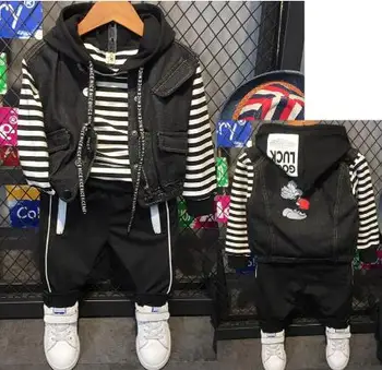 

Boys sports suit children's long-sleeved striped hoodie + denim vest + sweatpants 3 sets of fashion children's clothing 2-6 year