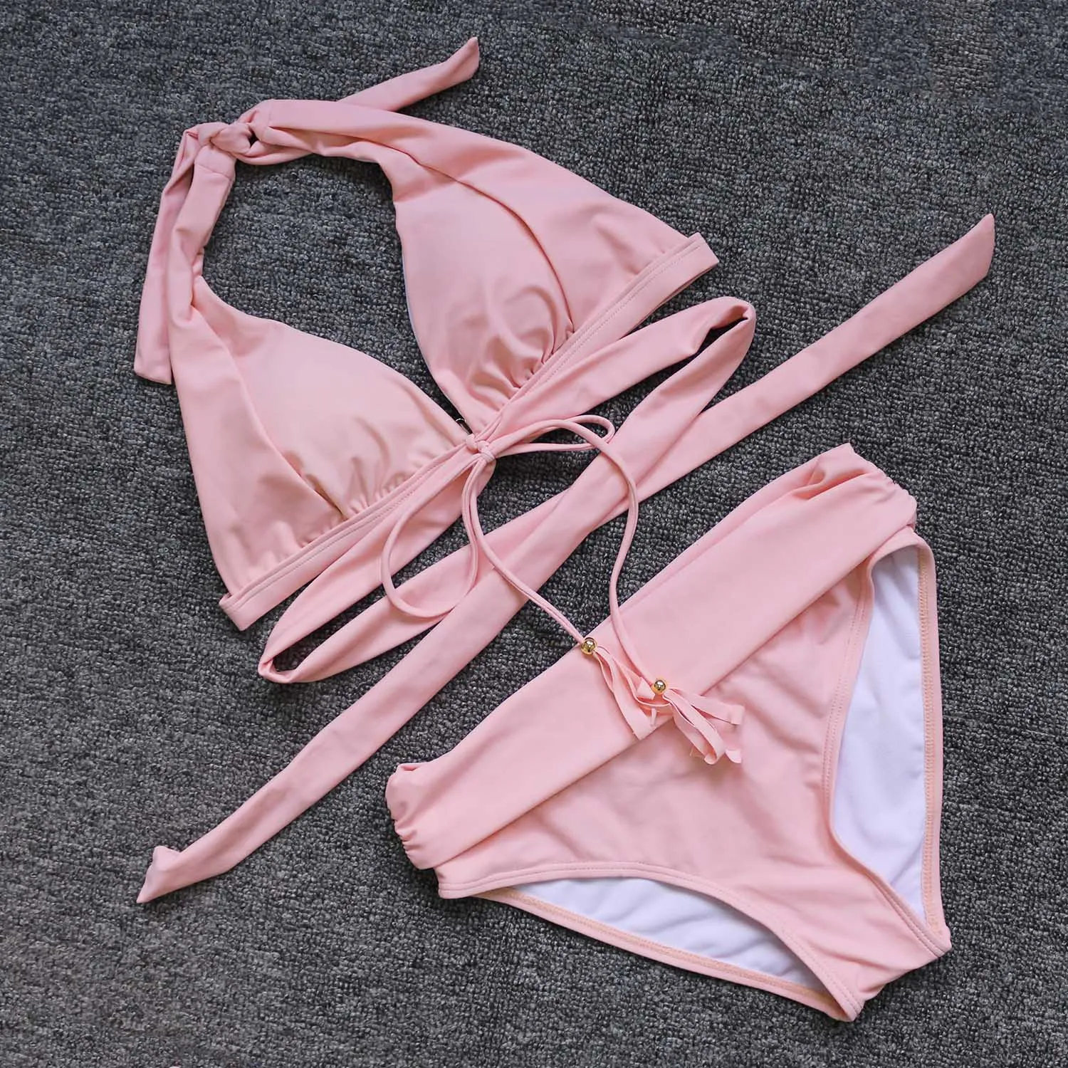 Сексуальный розовый купальник с высокой талией, пуш-ап, бикини, верх, низ, смешанный размер, бандаж, купальник для женщин, с кисточками, одежда для плавания, пляжная одежда, купальный костюм