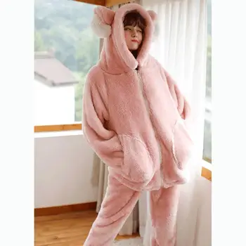 

2019 Winter Women Ear Pajama Sets Cute Flannel Hooded Pajamas Set Home Wear Thick Sleepwear Set