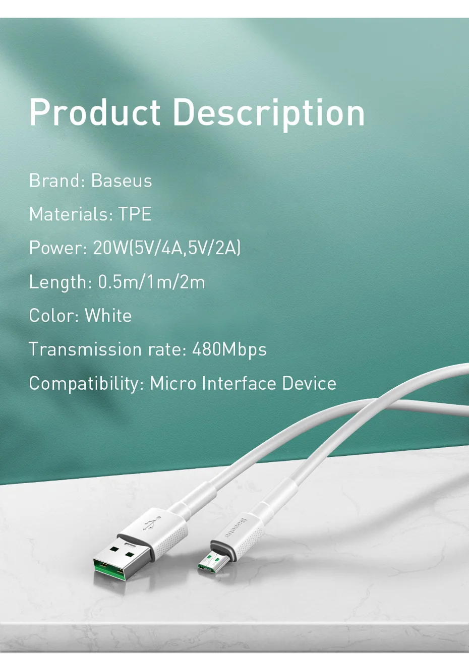 Usb-кабель Baseus 4A, зарядный кабель USB для микрокабеля VOOC, быстрозарядный кабель для OPPO R15 R11S Plus A77, кабель для передачи данных