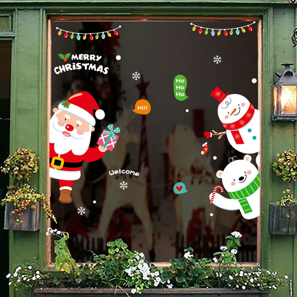 Возле год рождество настенные Стикеры s Платье с изображением снеговика Санта Клаус окна Стикеры рождественские украшения для дома Декор Стикеры