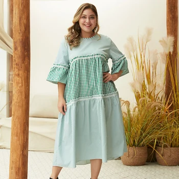 

Plus Size Midi Dress Pink Green Sweet Plaid Stripe laces Patchwork Dresses Summer 2020 Big Size Women Clothing Grey Flare Sleeve