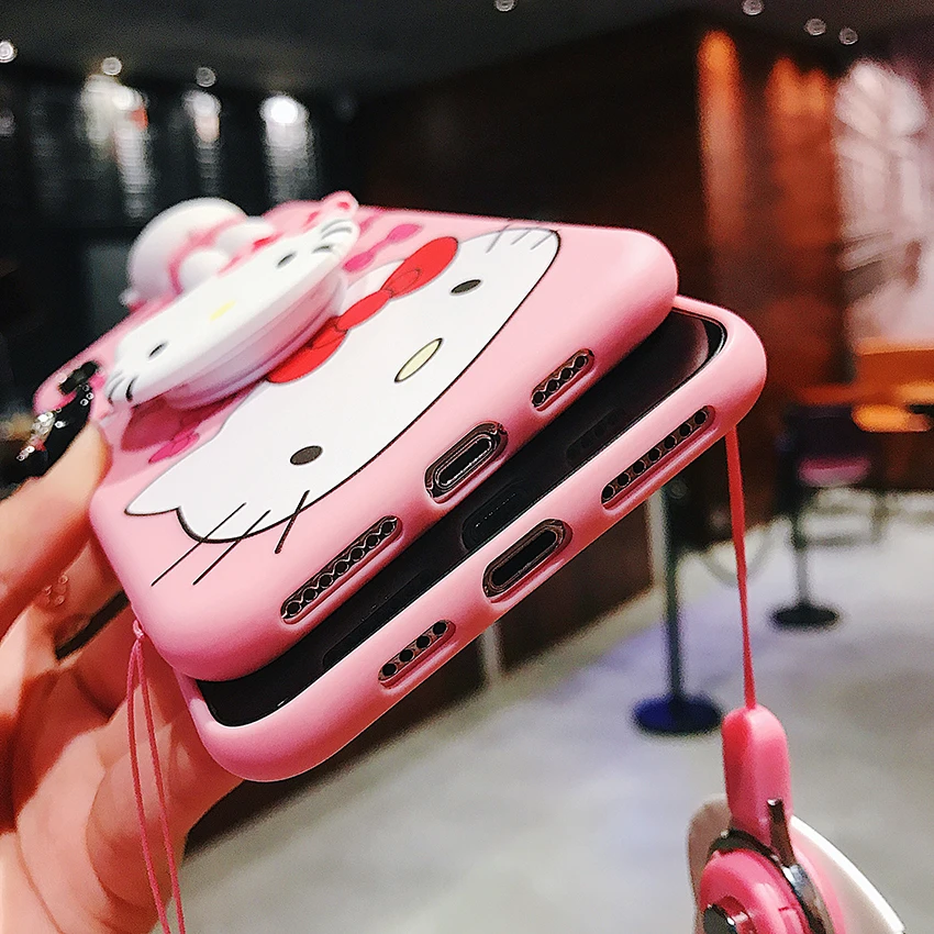3D милый рисунок «Hello Kitty» Мягкий силиконовый чехол с кронштейном шнурком на шею для samsung S7 S8 S9 S10 плюс A6 J5 J7 J4 Plus A5 A7