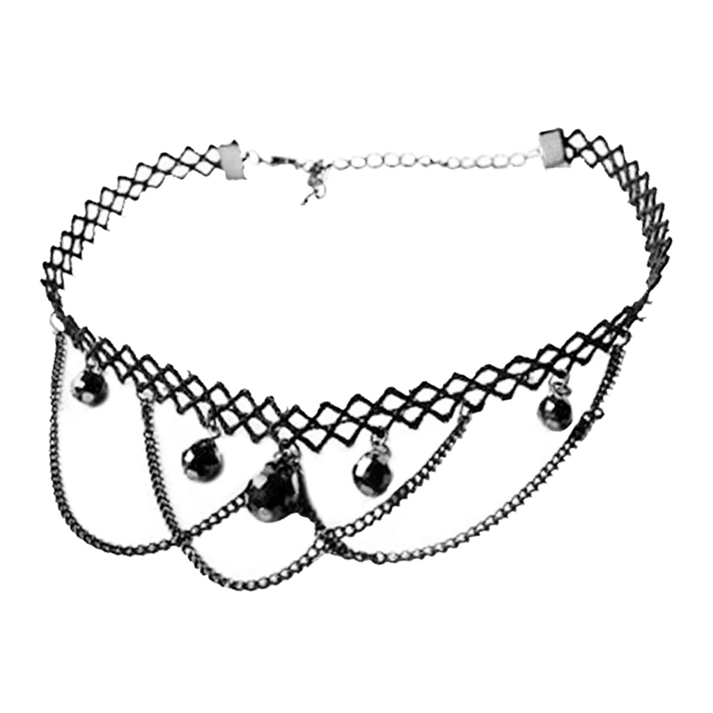 Wedding Party Beads Rhinestone Tassels Chain Pendant Gothic Necklace for Women Vintage Punk Black Lace Choker 