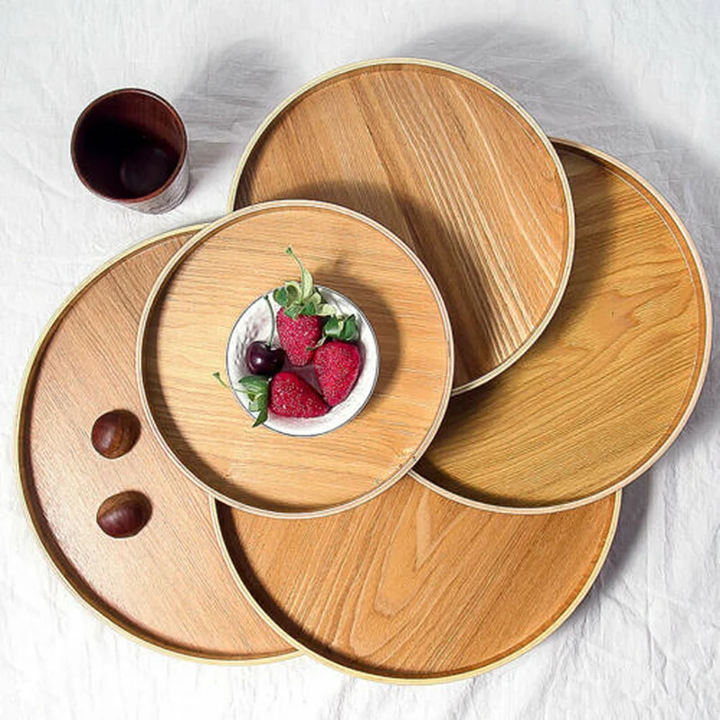 

Round Wooden Serving Tray Wood Plate Tea Food Dishe Drink Platter Food Server Plate Dinner Beef Steak Fruit Snack Dessert Tray