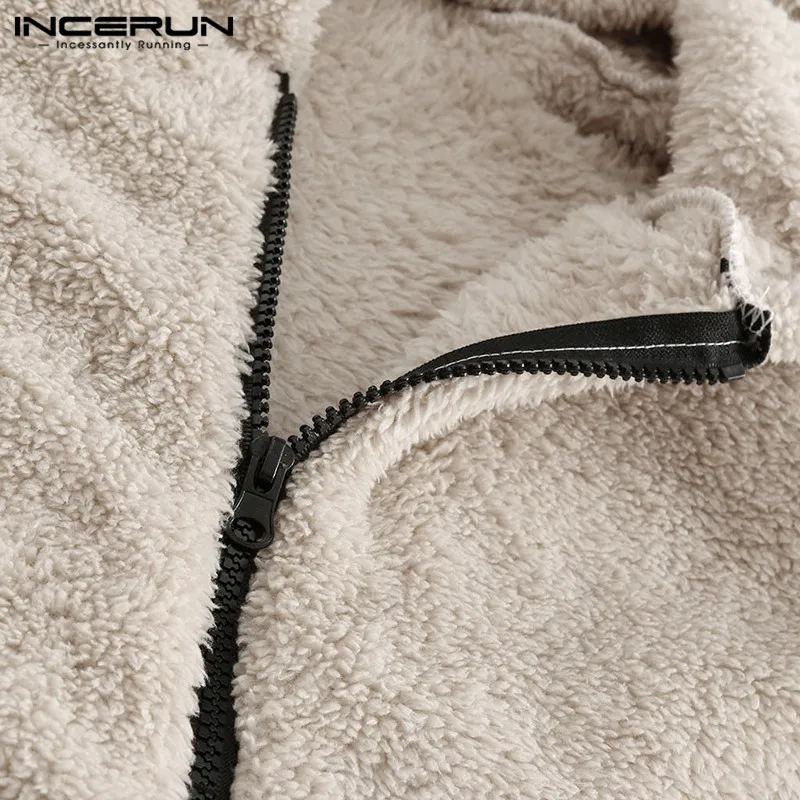 INCERUN Winter Fleece Men Sweatshirts Zippers Hooded Long Sleeve Fluffy Pullovers Fashion Casual Furry Pockets Street Hoodie Men