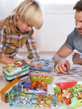 

DIY Creative 60 Pieces Wooden Puzzle Cartoon Animal Jigsaw Iron Box Early Educational Learning Toys Gifts For Children Kids Baby