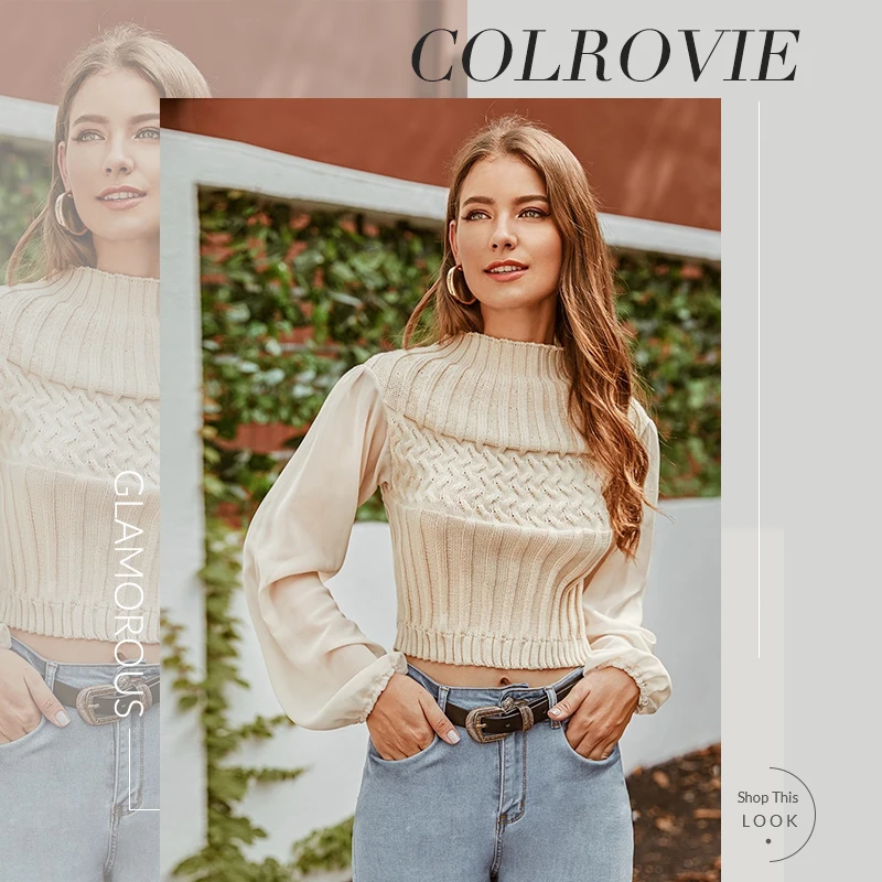 COLROVIE бежевый смешанный вязаный свитер с воротником-стойкой для женщин осенние пуловеры с рукавом Бишоп женские топы элегантные однотонные свитера