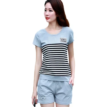 

Women's Tracksuits Two Piece Set Summer Striped T Shirt Tops+Shorts Women Casual Outfit