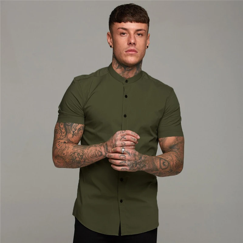 Summer Fashion Short Sleeve Shirt Men Slim Fit Social Business Stand Collar Dress Shirt Brand Mens Fitness Sports Gym Clothing