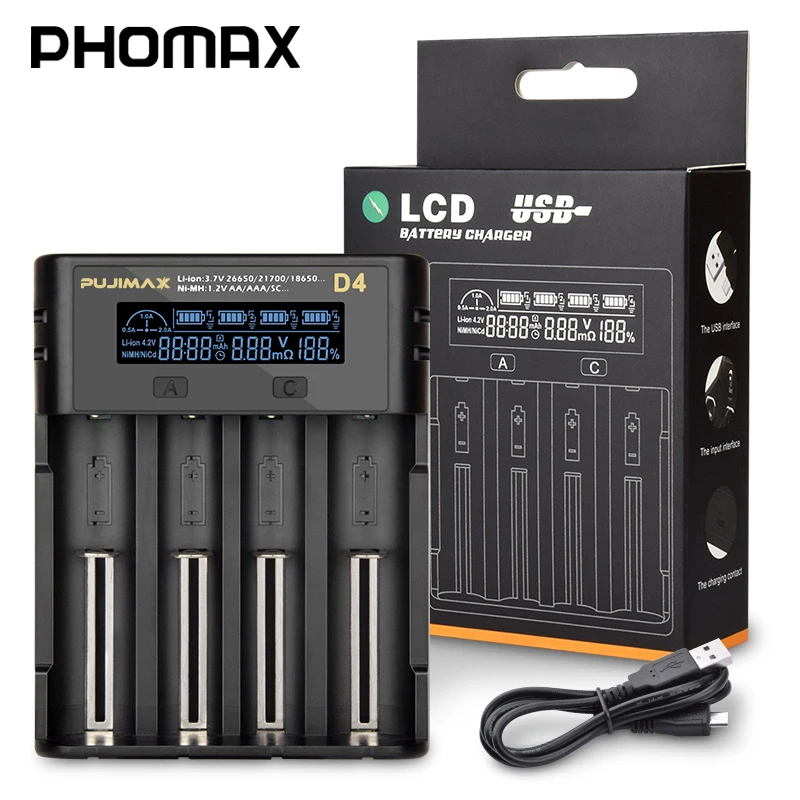 

PHOMAX 3.7V D4 LED LCD Smart Display Display Voltage 18650 Fast Charger for IMR/Li-ion25500 17650 AA AAA Rechargeable Battery