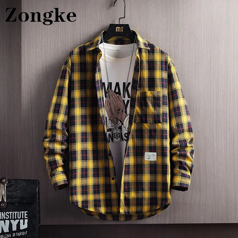 Zongke Yellow Plaid Button Up Shirt Men Clothing 2022 Fashion Long Sleeve Streetwear Size M-3XL Spring New Arrivals