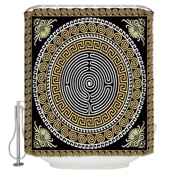 

Circle Pattern Black Golden Yellow Greece Pattern Shower Curtains Polyester Fabric Waterproof Bath Curtain