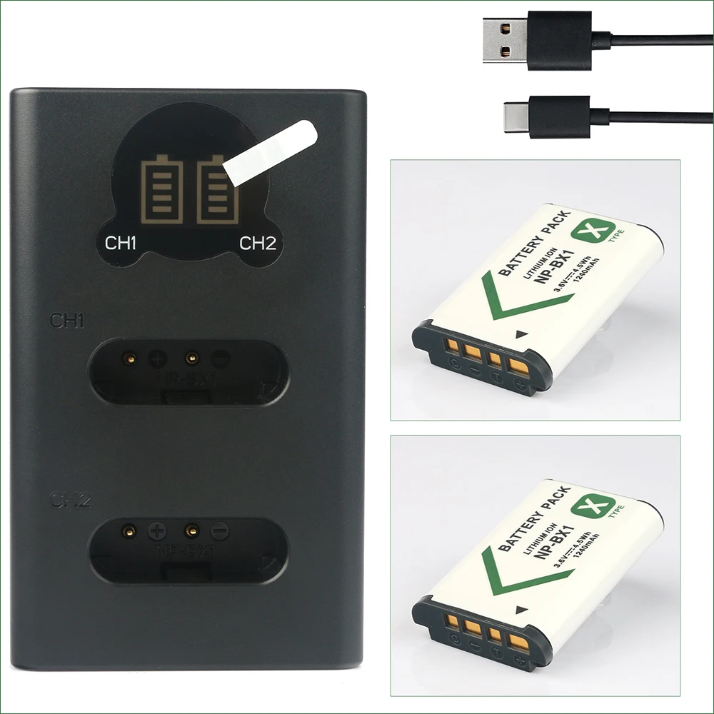 Аккумуляторная батарея 3 6 В 1240 мАч NP-BX1 NP BX1 NPBX1 + зарядное устройство с двумя