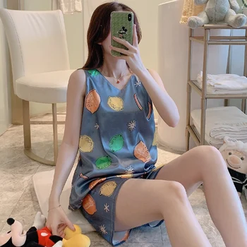 

M-5XL Plus size women silk pajamas sets femme Sleeveless&shorts 2 Pcs Loose Comfort Pyjama Sets Leisure Female Pijama Sleepwear