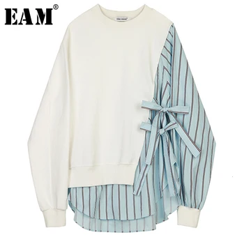 

[EAM] Loose Fit Striped Spliced Hit Color Sweatshirt New Round Neck Long Sleeve Women Big Size Fashion Spring Autumn 2020 1B763