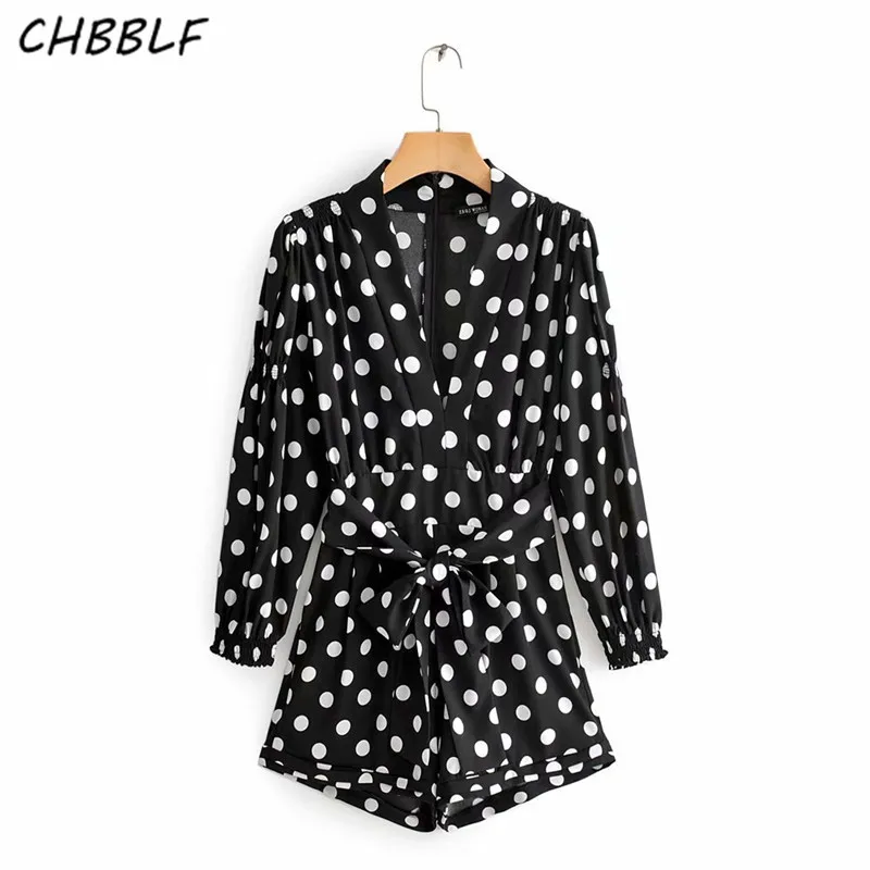 

CHBBLF women stylish polka dot playsuits V neck bow tie sashes pockets back zipper female fashion casual jumpsuits mujer XDJ9062