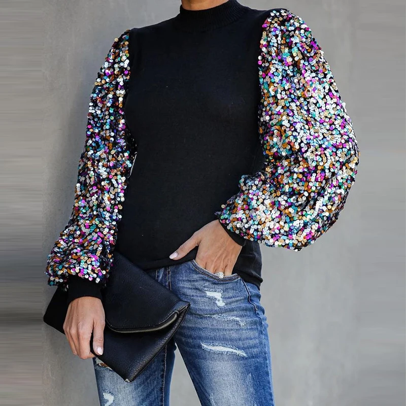 Модная Лоскутная блуза с пайетками, Женская Осенняя блуза с длинным рукавом в рубчик, женские топы, Зимняя женская полуводолазка, блузка, толстовка