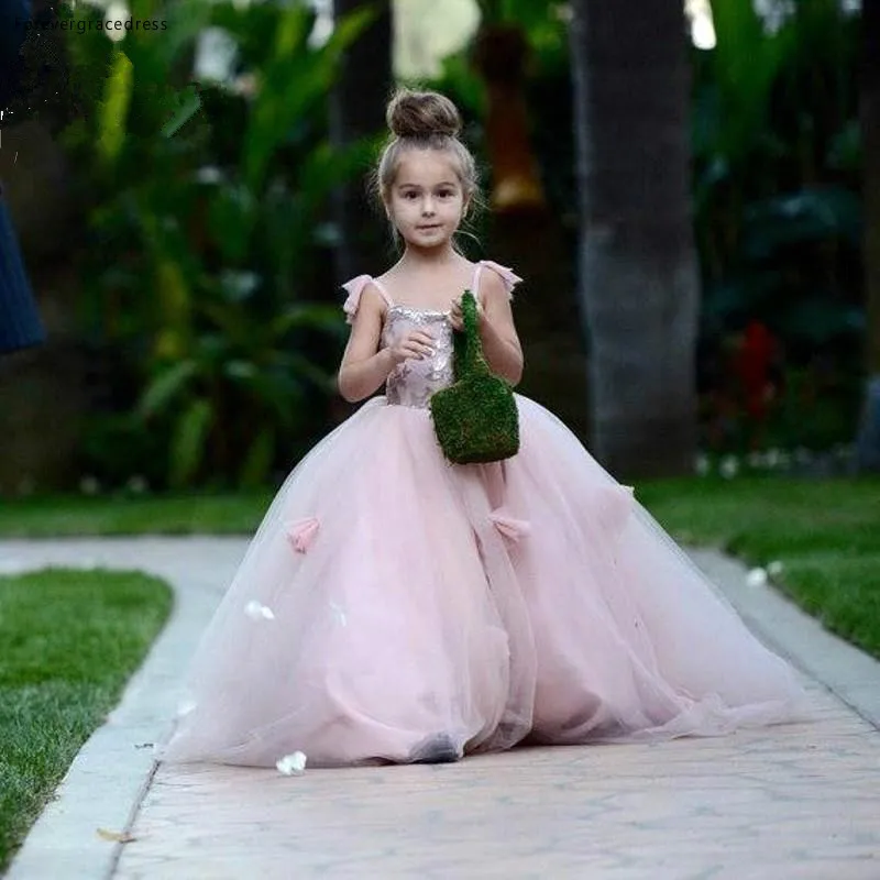 2016 Pink Blush flower girl dress Spaghetti Straps junior ball gown kid birthday prom party pageant dress 123 (2)