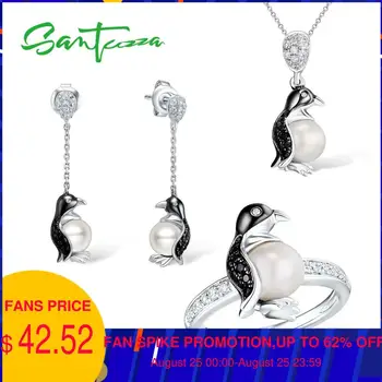 

SANTUZZA Silver Penguin Jewelry Set Fresh Water White Pearl Ring Earrings Pendant Set 925 Sterling Silver Fashion Jewelry Set