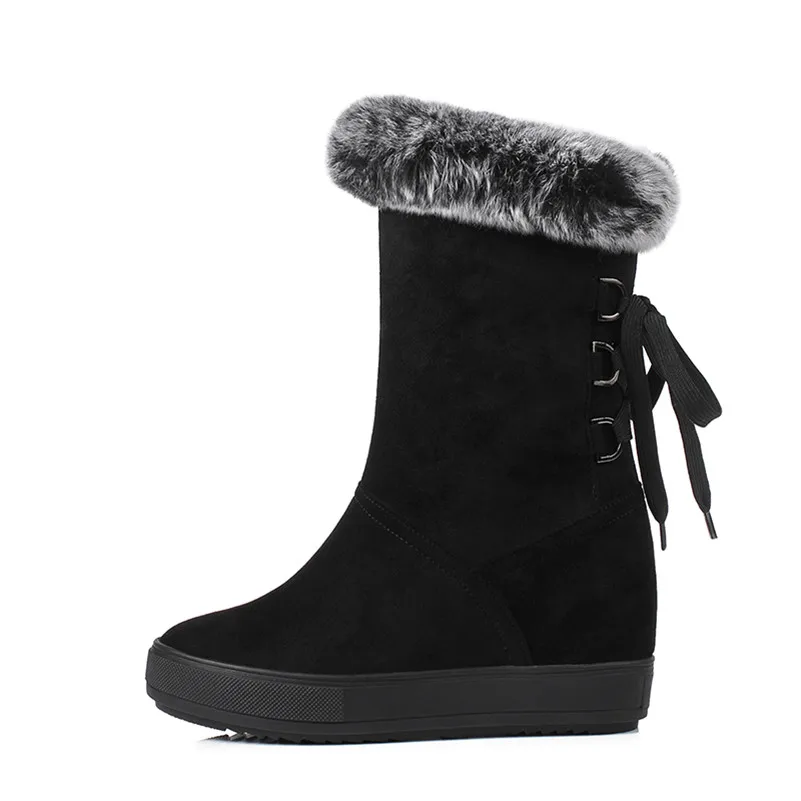 Meotina Women Boots Winter Snow Boots Real Fur Height Increasing Heel Mid Calf Boots Warm Plush Round Toe Shoes Lady Size 34-39