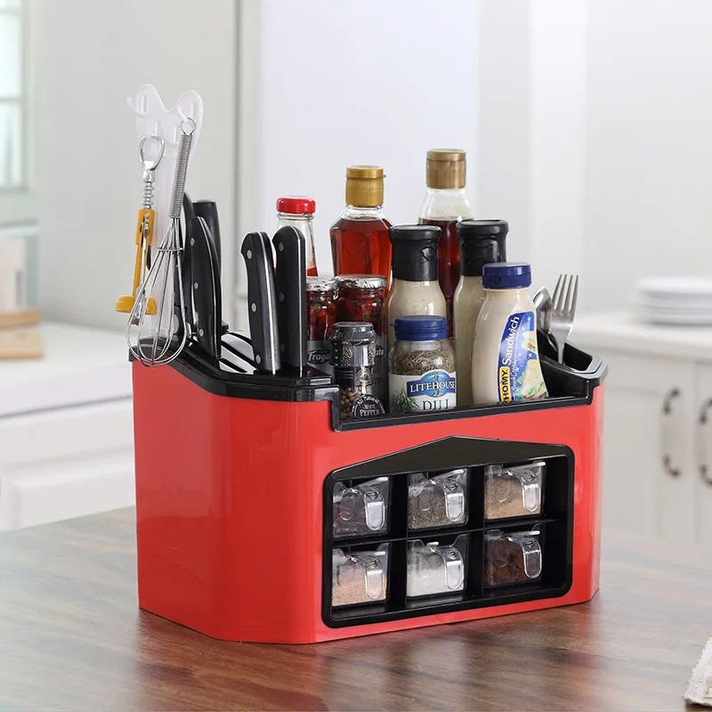 

Multifunctional Kitchen Storage Rack Cutlery Spice Seasoning Storage Box Rack Shelf Home Kitchen Storage Organizer Double Layer