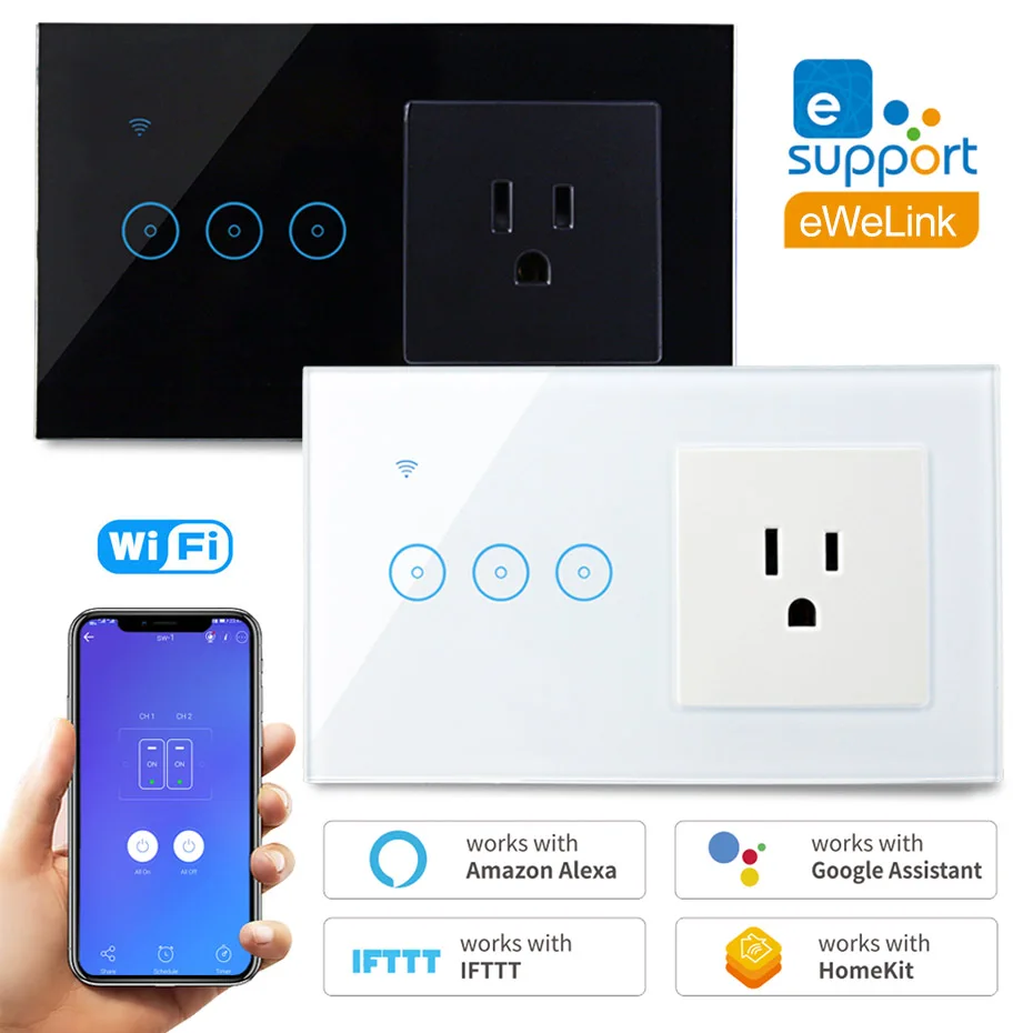 Wifi Wall Socket US Standard with Smart Light Switch 1 2 3 Gang 110V 120V Touch Switch Work with Alexa Google Home IFTTT eWeLink Wifi Wall Socket US Standard with Smart Light Switch 1 2 3 Gang 110V 120V Touch Switch Work with Alexa Google Home IFTTT eWeLink