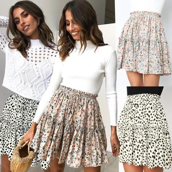 

Newest 2020 Summer Elegant Floral Pleated Ruffles Mini Skirt Womens Bohemian Casual Beach Skirts Sexy white A Line Skirts