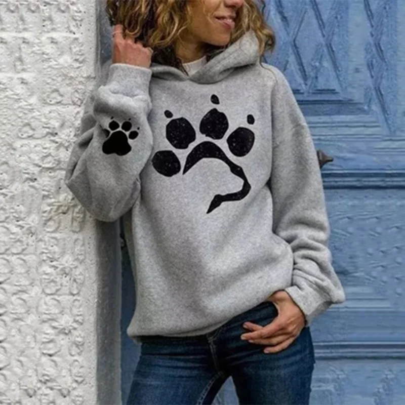 

Winter Oversize Cat Paw Print Women Hoodies Kawaii Hooded Fleece Warm Sweatshirt Loose Fall Long Sleeve Pullover Aesthetic Tops