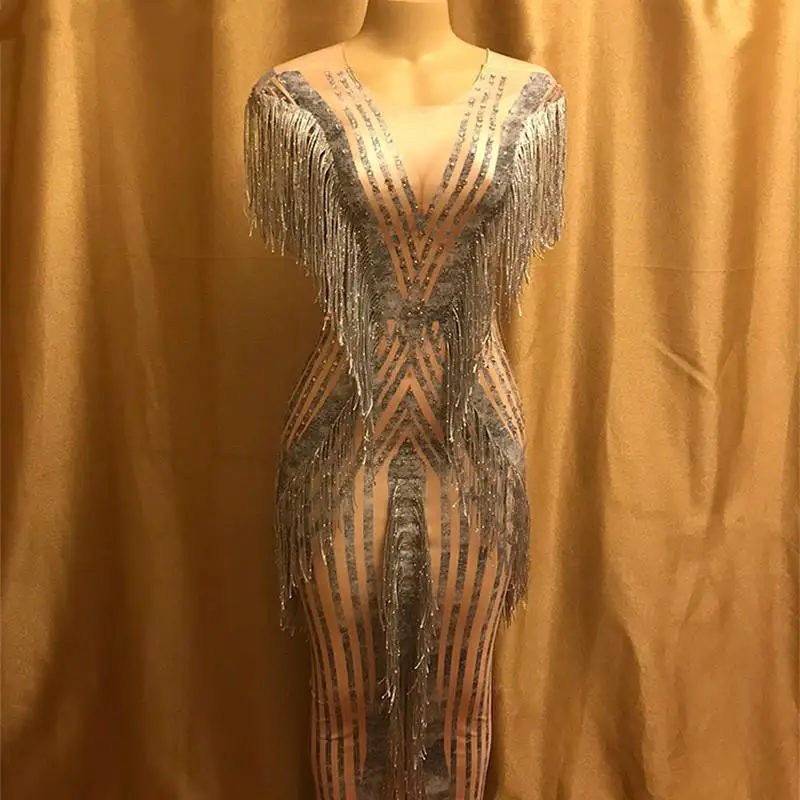 New Design Mesh See Through Fringes Dance Dress Birthday Celebrate Perspective Dress Evening Party Sleeveless Tassel Dresses - Цвет: Photo Color