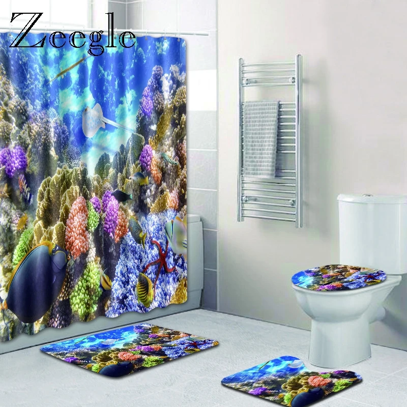 Zeegle Shower Curtain and Bath Mat Set Flannel Soft Toilet Pedestal Rug Foot Mat Absorbent Toilet Seat Cover Washable Toilet Set