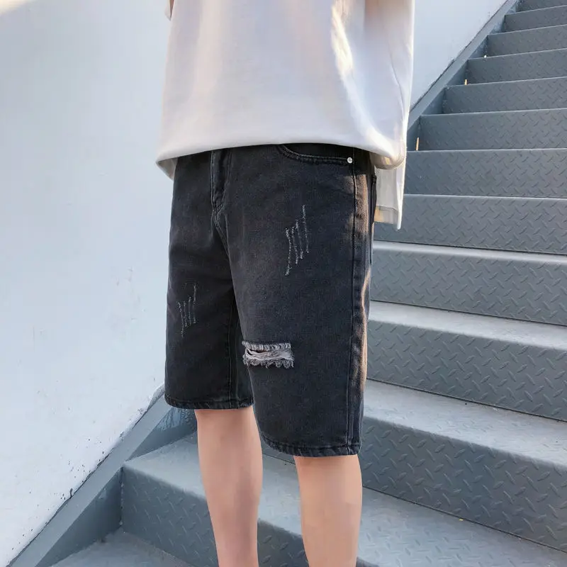 

2020 Summer New Youth Popular Solid Color Hole Men Loose Large Size Five Points Jeans Fashion Casual Wild Shorts Black/blue