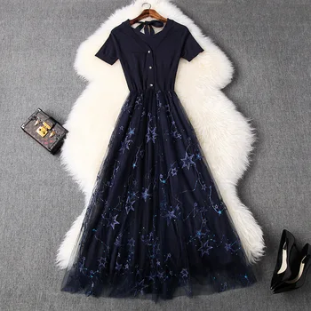 

Women patchwork mesh dress fit and flare new 2020 short sleeve diamonds beading embroidery summer dresses black beiege blue